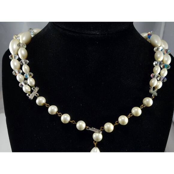 Vintage Austrian Crystal Necklace Double Strand Lucite Beads 1950s Wedding - Picture 6 of 10